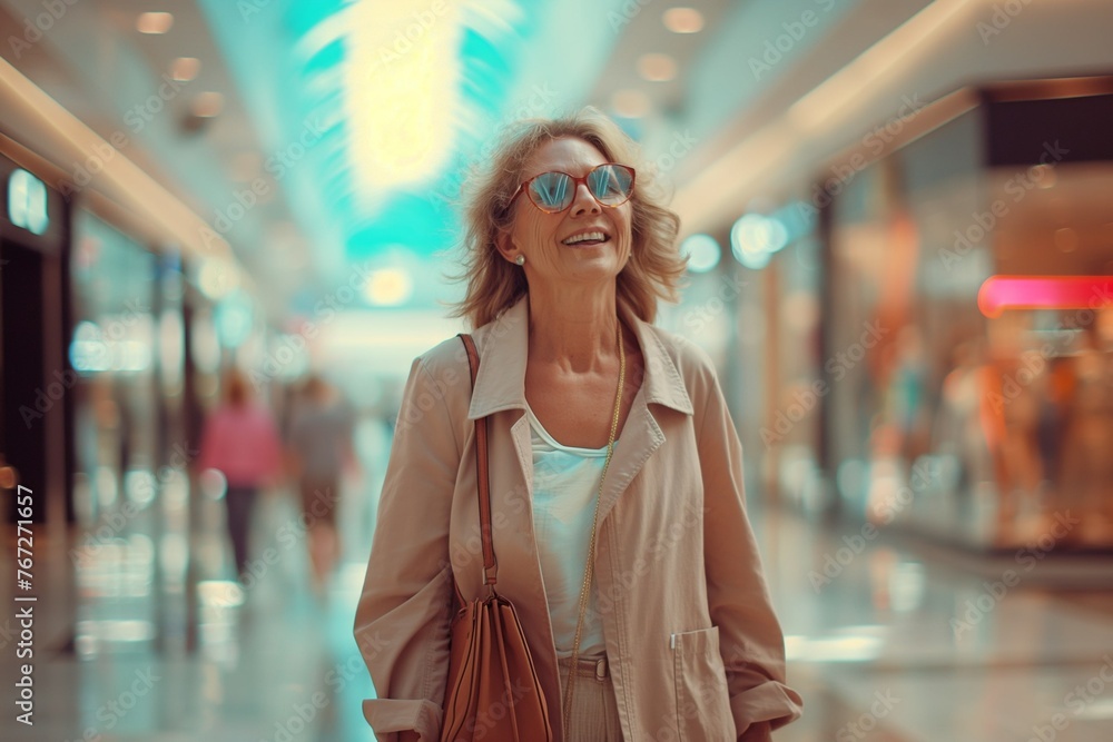A happy and cheerful middle-aged woman walks through the mall A happy and cheerful middle-aged woman walks through the mall