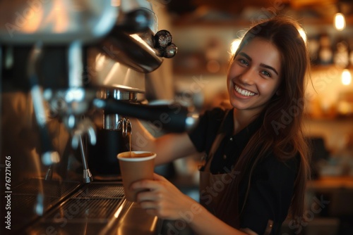 Smiling young woman barista, cafe employee pours coffee into a paper cup