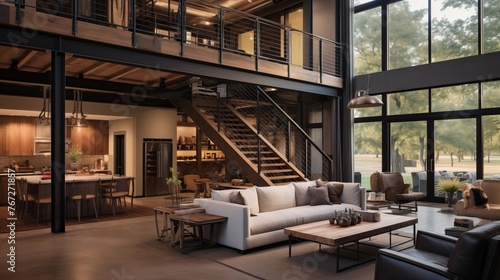 Rustic modern barndominium living room with towering ceilings sliding barn doors wrought iron railings and suspended walkway lofts above. photo
