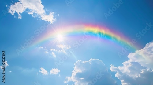 Rainbow against blue sky. Sky after rain