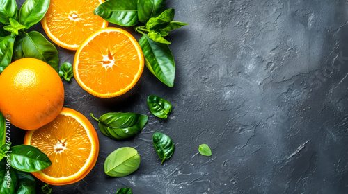A close up of oranges and green leaves on a grey background. Concept of freshness and health, as the oranges and leaves are both natural and vibrant © Дмитрий Симаков