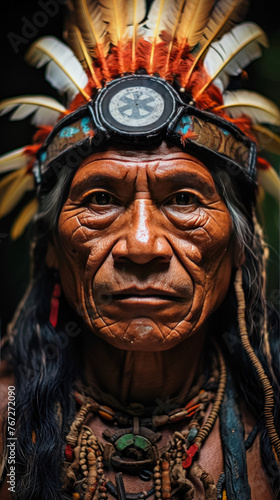 A man wearing a red and yellow headdress with feathers. He has a serious expression on his face