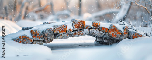 A small stone bridge in a snowy landscape, the stone details crisp against a blurred snowy background, with room for text. photo