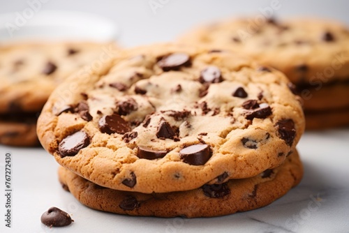 Tempting chocolate chip cookies on a ceramic tile against a white background