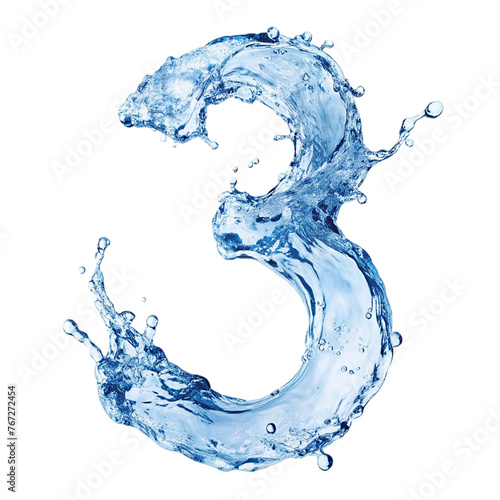 Number 3 Water splash on transparent background