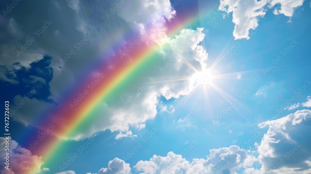 Rainbow against blue sky. Sky after rain Rainbow against blue sky. Sky after rain