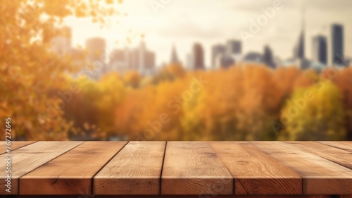 The empty wooden table top with blur background of nature skyline in autumn. Exuberant image. generative AI