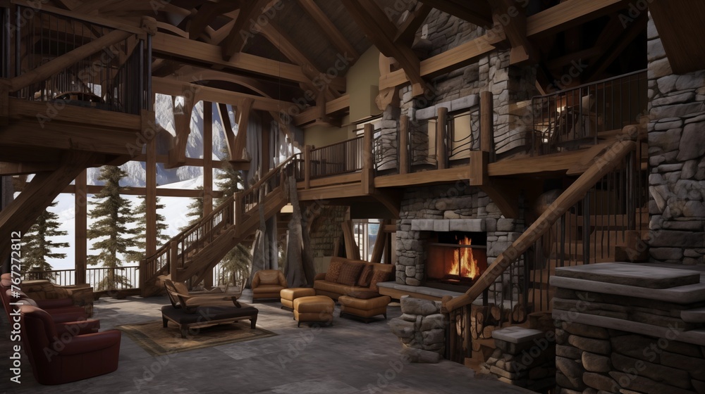 Rustic modern mountain chalet great room with soaring timber framing suspended catwalk bridges huge stone fireplace and cozy loft nooks. Rustic modern mountain chalet great room with soaring timber framing suspended catwalk bridges huge stone fireplace and cozy loft nooks.