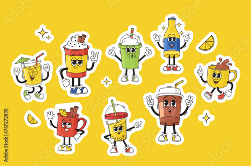 Colorful Cartoon Cups With Groovy Expressions Stickers Set. Isolated Vector Mugs And Bottle Filled With Different Drink