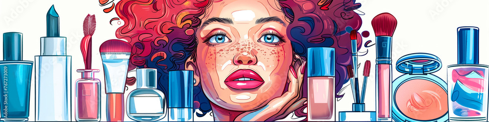 Banner Portrait of a young adult woman with a lot of cosmetics on a white background. Cosmetic makeup concept. Modern fashion. Banner Portrait of a young adult woman with a lot of cosmetics on a white background. Cosmetic makeup concept. Modern fashion.