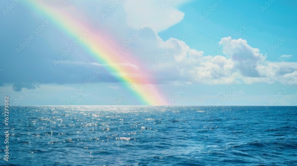 Rainbow against a background of blue sky and sea. Sky after rain