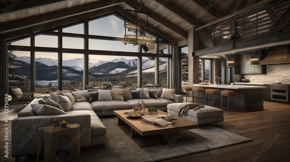 Rustic modern ski chalet with heavy timber trusses vaulted wood plank ceilings and panoramic mountain views. Rustic modern ski chalet with heavy timber trusses vaulted wood plank ceilings and panoramic mountain views.