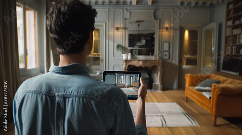 Rear view of a man uses a phone with augmented reality technology. Visualization of the interior of your home using a smartphone