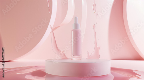 Minimal style Mock-up of a cosmetic product on pastel pink background with splashes clear liquid. Skin care concept. © Karim Boiko