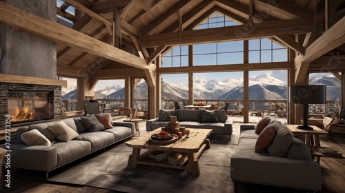 Rustic modern ski chalet with heavy timber trusses vaulted wood plank ceilings and panoramic mountain views.