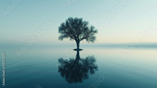 Lonely tree in a lake with reflection in style surrealism and minimalism. Concept of loneliness, melancholy and depression. © Karim Boiko