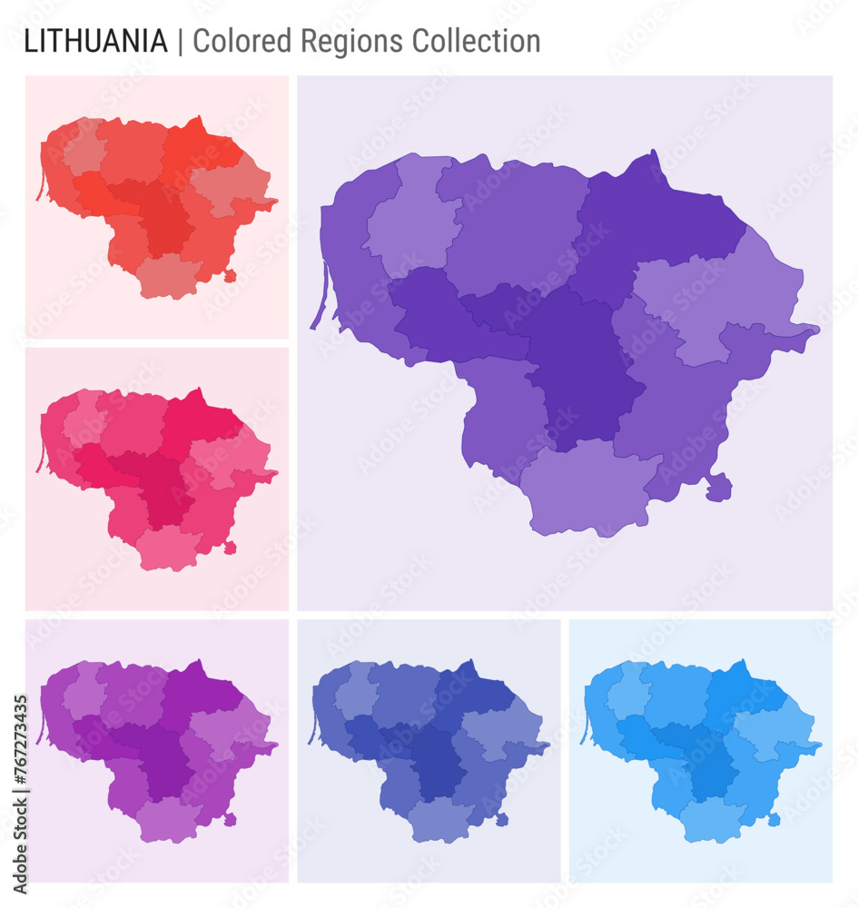 Lithuania map collection. Country shape with colored regions. Deep Purple, Red, Pink, Purple, Indigo, Blue color palettes. Border of Lithuania with provinces for your infographic. Vector illustration.