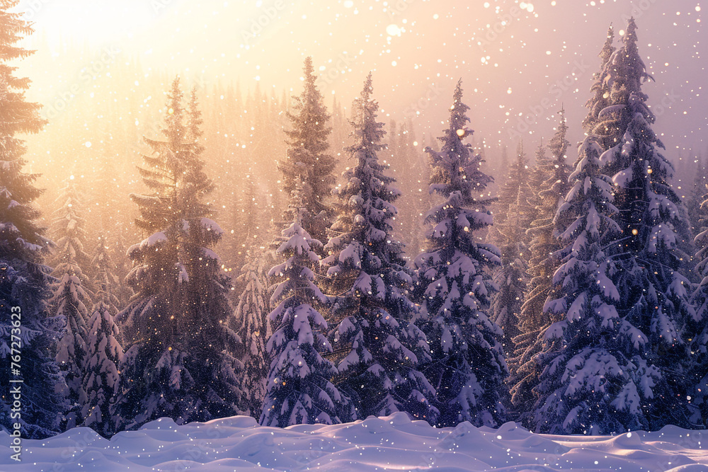 A snow-covered pine forest with the early morning sun casting a golden glow on the trees, snow particles gently falling.