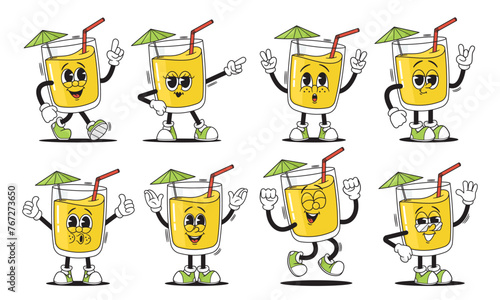 Groovy Cocktail Cup Character Vibrant Animation Set. Cartoon Glass with Umbrella, Straw, Smile and Retro Flair
