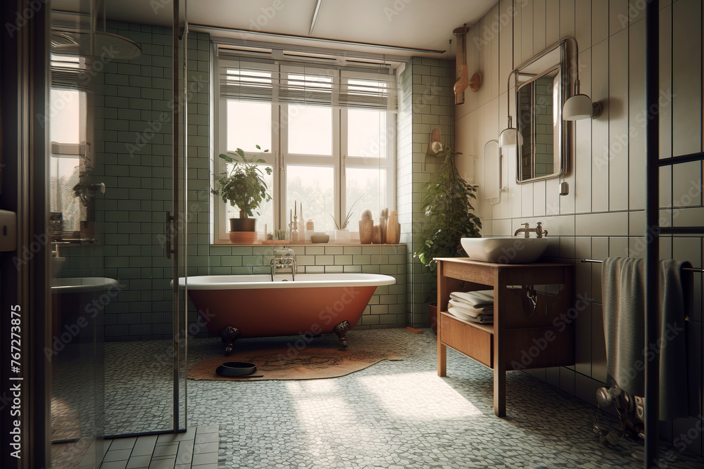 Cozy interior of bathroom in modern house in Retro style. Cozy interior of bathroom in modern house in Retro style.