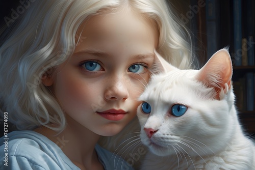 A young girl with piercing blue eyes gazes lovingly at her beloved white cat, their bond captured in a stunning portrait by a generative ai