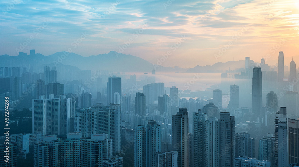 A bustling city skyline is shrouded in smog, underscoring the environmental challenges posed by rapid urbanization. The image serves as a reminder of the need for sustainable urban
