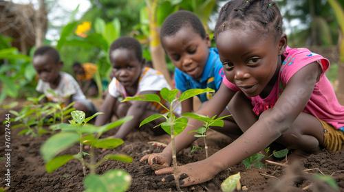 Children plant saplings in a community garden, symbolizing hope for the future and a commitment to environmental stewardship. The image highlights the importance of instilling a se photo