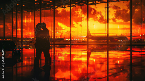 travelers are kissing in front of the plane background in sunset light time at the airport