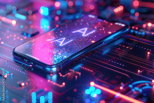 Futuristic Smartphone with Neon AI Concept on Dark Background