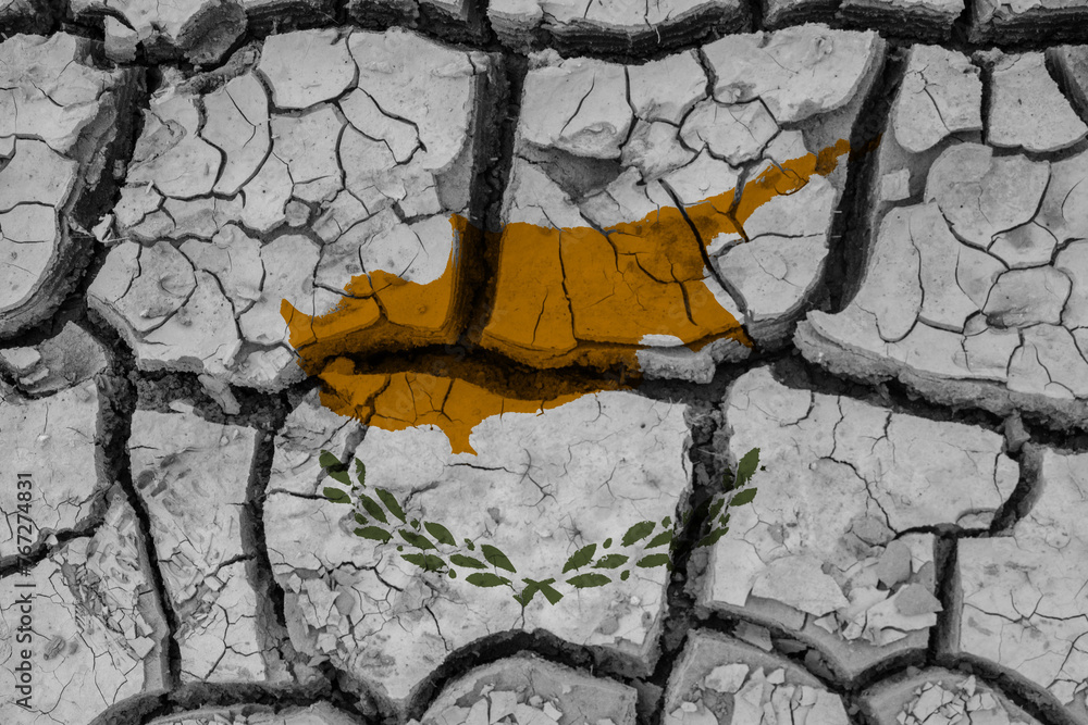 Dry soil pattern on the flag of Cyprus. Country with drought concept due to climate change. Water problem. Dry cracked earth country.