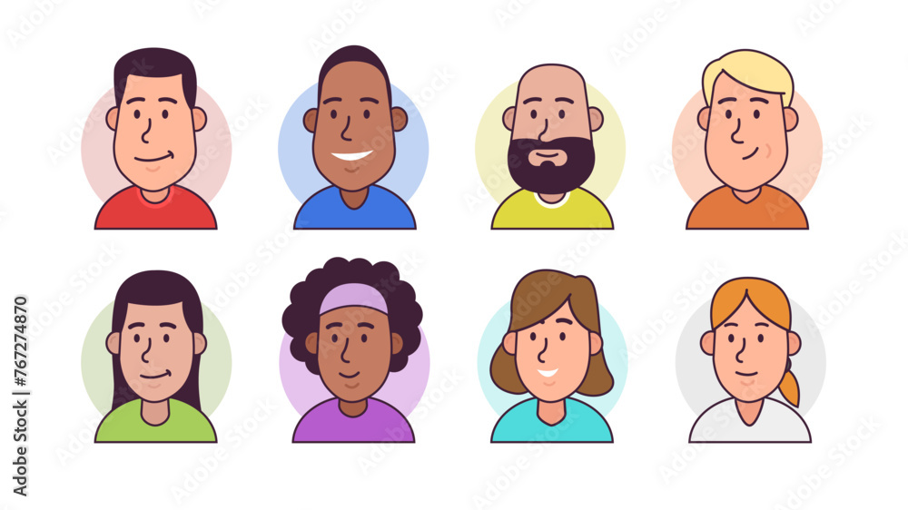 Illustrated flat simple line characters profile images. Cropped headshots. Eight diverse colorful characters. Easy to edit. Illustrated flat simple line characters profile images. Cropped headshots. Eight diverse colorful characters. Easy to edit.