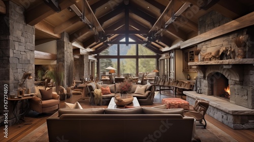 Rustic ranch-style great room with soaring wood beam ceilings stone fireplace southwest textiles and lofted walkway overlooking space. © Aeman