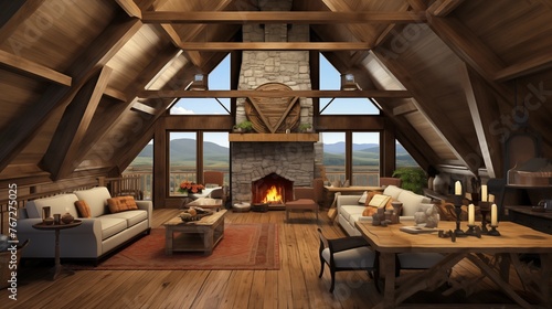 Rustic reclaimed barn great room retreat with 30-foot ceilings king post trusses integrated climbing wall and loft guest suite. photo