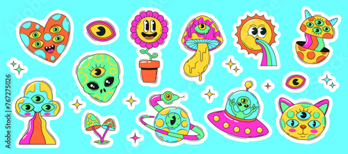 Psychedelic Stickers Collection . Ufo, Alien Head, Cat And Heart. Hallucinogenic Mushroom, Planet With Snake, Flower