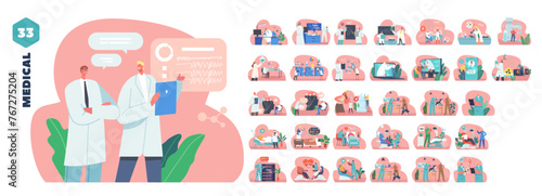 Isolated Vector Elements With Medic And Doctor Characters Activities. Medical Staff Scientific Research In Laboratory
