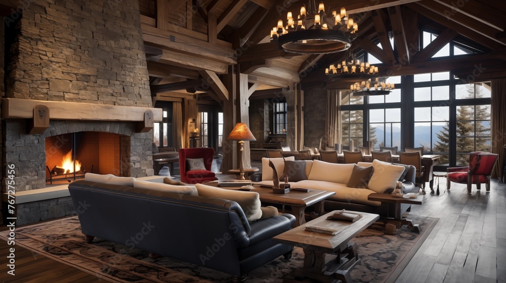 Rustic reclaimed chalet-style ski retreat great room with towering timber framing plank walls and oversized stone fireplace inglenook.