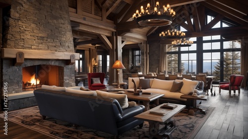 Rustic reclaimed chalet-style ski retreat great room with towering timber framing plank walls and oversized stone fireplace inglenook. © Aeman