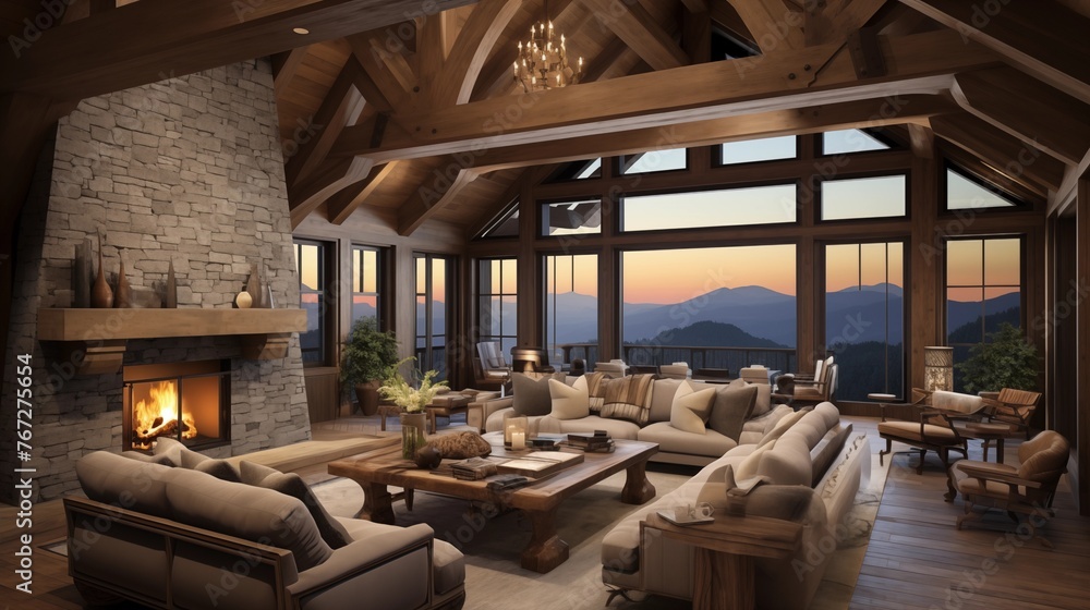 Rustic ski retreat living room with heavy timber trusses towering stone ...
