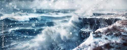 A winter storm at sea, the waves crashing against a snow-covered cliff, the tumultuous water detailed against a blurred backdrop of snowflakes and dark  photo