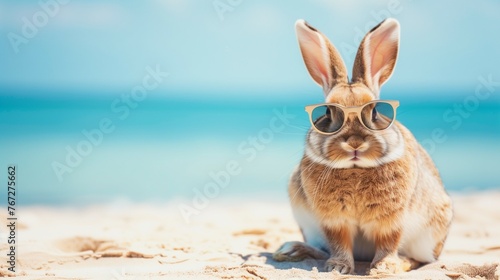 rabbit wearing sunglasses sitting in the sand on the beach on a sunny day with blue sea in the background.