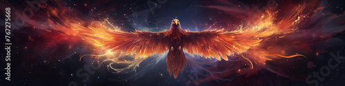 Adorable phoenix bird with majestic wings spread graces fantastical cosmic landscape, Concept of awakening spirituality. Magical fantasy epic wallpaper