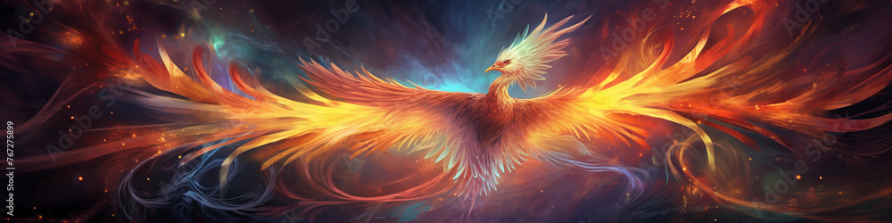 Adorable phoenix bird with majestic wings spread graces fantastical cosmic landscape, Concept of awakening spirituality. Magical fantasy epic wallpaper - obrazy, fototapety, plakaty 