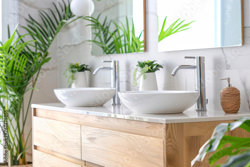 Modern minimalist bathroom interior  modern bathroom cabinet  white sink  wooden vanity  interior plants.