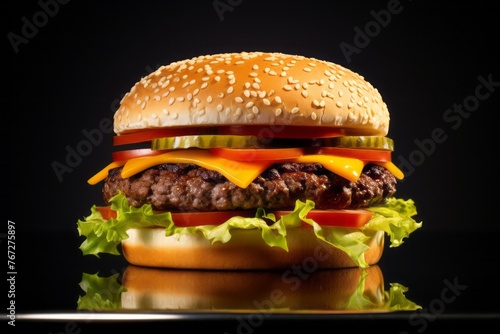 Juicy burguer on a metal tray against a minimalist or empty room background