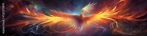 Adorable phoenix bird with majestic wings spread graces fantastical cosmic landscape, Concept of awakening spirituality. Magical fantasy epic wallpaper photo