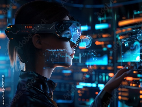 A woman wearing virtual reality goggles is looking at a computer screen with a lot of numbers and graphs
