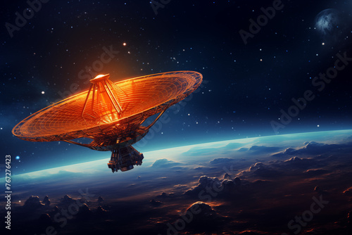 A satellite dish transmitting signals to and from space, Large space satellite dish, Satellite antenna in sky