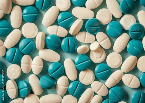 A background of teal and white pills, in different sizes, in the shape of pill tabs Generative AI