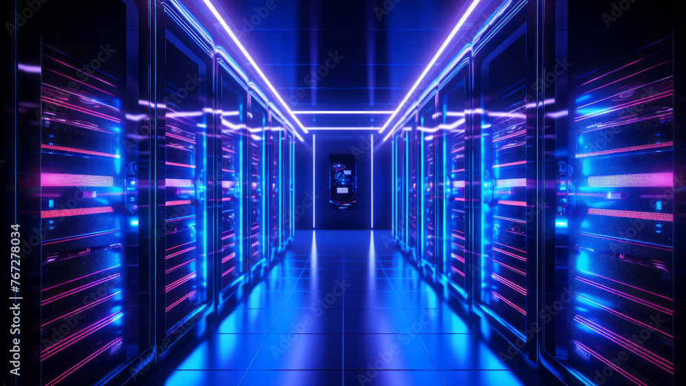 Illuminated server room of a high tech data center in vibrant blue and magenta hues. Internet and cloud services concept