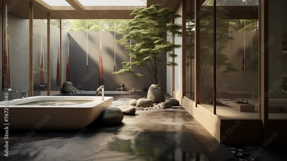 Serene Japanese-inspired spa bathroom with hinoki ofuro tub shoji ...